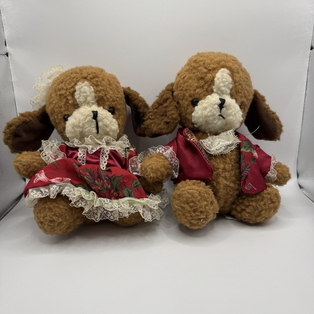 Vintage ANCO Victorian Girl Boy Puppy Dog Couple Pair Lace Dress Plaid Plush Toy